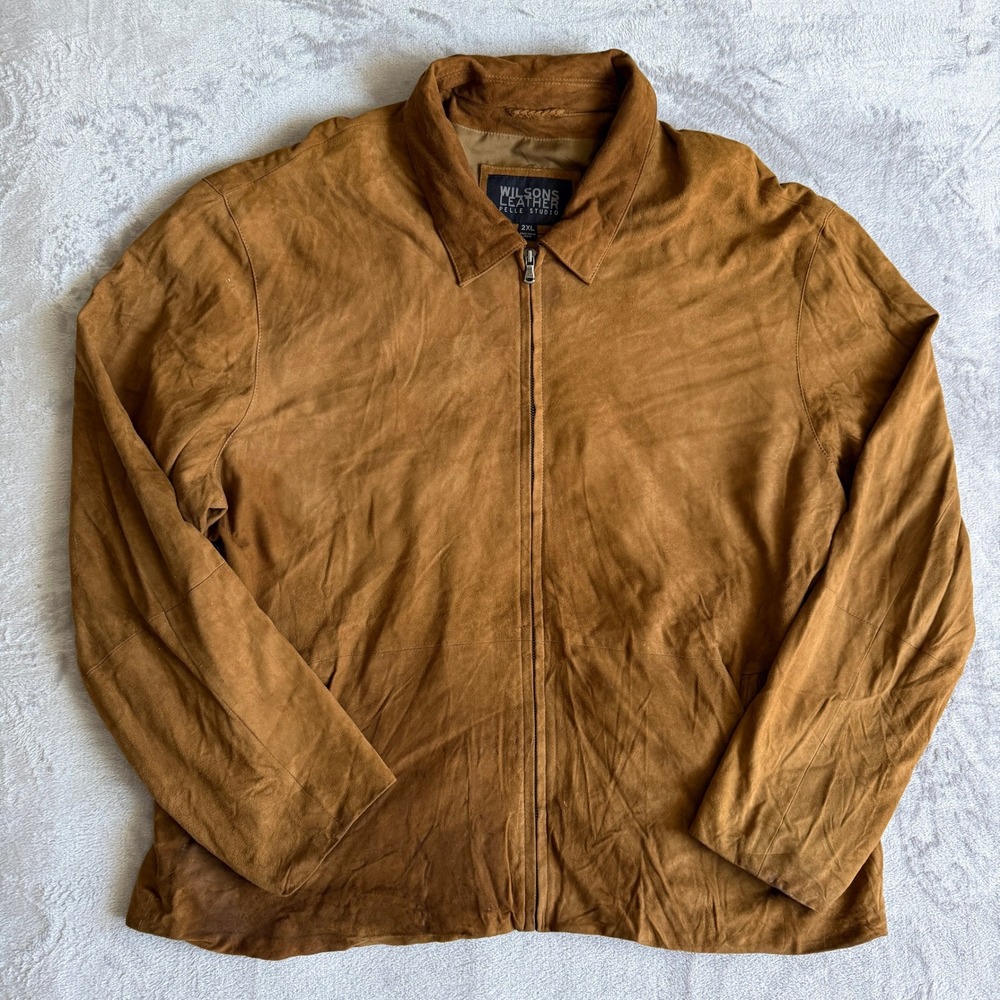 Wilsons Leather Pelle Studio Mens 2XL Tan Brown Suede Full Zip Jacket Outerwear